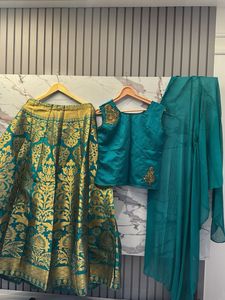 Teal &amp; Gold Brocade Lehenga Choli Set