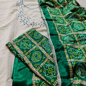 Elegant Cream  dress material with Green Bandhani