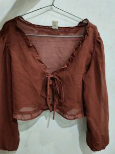 Sheer Brown Ruffle Tie-Front Top