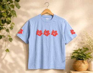 Blue T-Shirt with Red Hibiscus Print