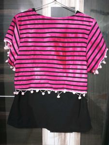 Striped Pom-Pom Detailed Pink Crop Top