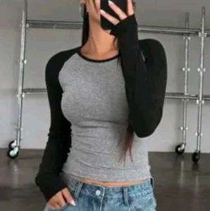 Grey & Black Raglan Long Sleeve Top