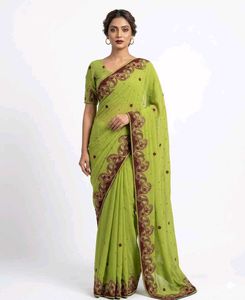 Lime Green Embroidered Saree