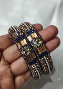 Exquisite Blue &amp; Gold Embellished Bangles