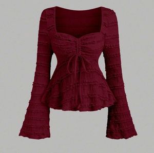 Women's Red Ruffled Long Sleeve Top