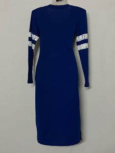 Pintresty Blue V-Neck Dress with Lace Stripes