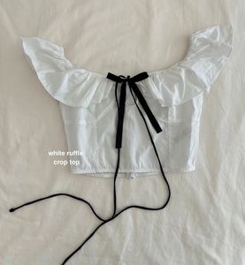 White Ruffle Crop Top with Black Bow