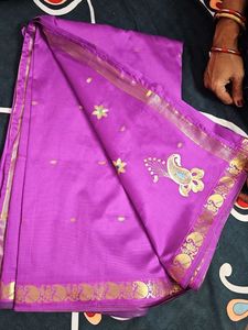Vibrant Purple Saree with Gold Border