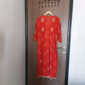 Orange Block Print Kurta Set with Dupatta