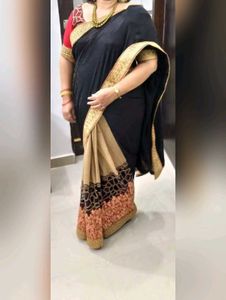 Elegant Black & Beige Saree with Red border
