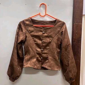 Brown Textured Puff Sleeve Blouse