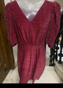 Sparkly V-Neck Puff Sleeve Dress