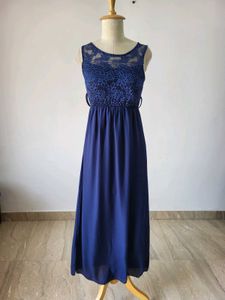 Elegant Navy Blue Lace Maxi Dress