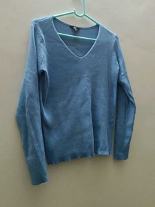 Blue Knit V-Neck Sweater