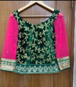 Designer Yellow, Emerald Green &amp; Pink Lehenga Set