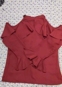 Maroon Cold Shoulder Ruffle Top