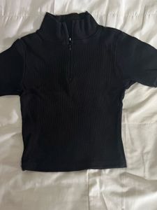 Black Ribbed Half-Zip Mock Neck Top
