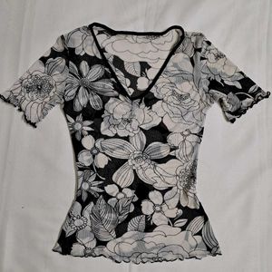 Y2k Vintage 2000s Floral Sheer V-Neck Top