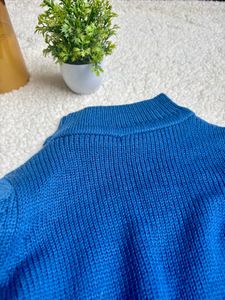 Blue Knit Mock Neck Crop Sweater