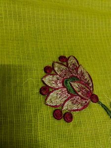 Lime Green Embroidered Cotton Saree