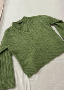 Green Cable Knit V-Neck Sweater