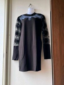 Black mini dress with sheer, embroidery long sleev