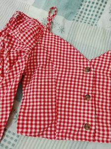 Red Gingham Crop Top with Tie Sleeves