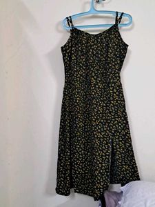 Black Floral Print High Slit Midi Dress