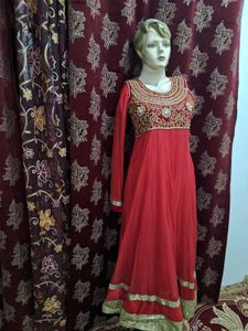 Red &amp; Gold Embellished Anarkali Dress