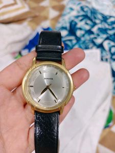 Sonata Gold Dial Watch with Black Leather Strap
