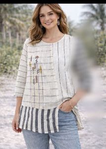 New unused,Boho Embroidered Linen Blend Tunic Top