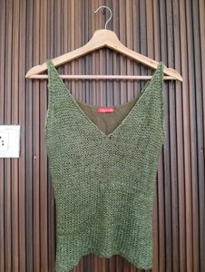Green Knitted V-Neck Tank Top
