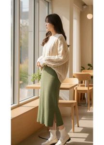 Olive Green Textured Knit Skirt
