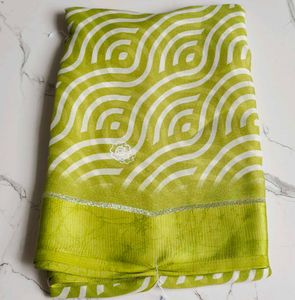 Lime Green Saree with White Swirl Pattern