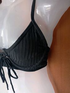 Black Ribbed Lace-Up Bikini Top