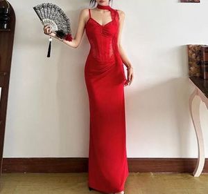 Elegant Red Lace Corset Maxi Dress