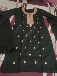 Embroidered Black Kurta Set with Dupatta for winte
