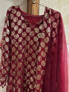 Elegant Red Kurta Set with Golden Polka Dots