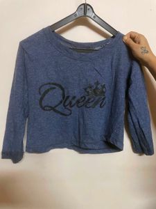 Blue "Queen" Graphic Cropped Top