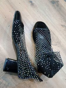 Black Embellished Block Heels