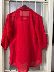 Vibrant Red Sheer Button-Up Shirt