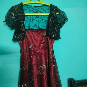 Elegant Maroon Floral Dress with Black Bolero
