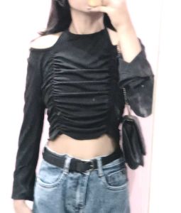 Black Ruched Long Sleeve Crop Top
