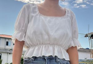 White Ruffled Square Neck Top