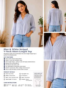 Women's Blue &amp; White Striped Cotton Blend