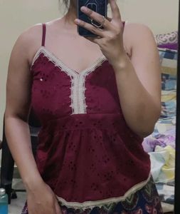 Maroon Lace Trim Peplum Top