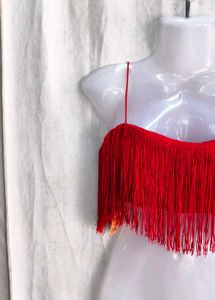 Red Fringe Crop Top with Cowboy Hat