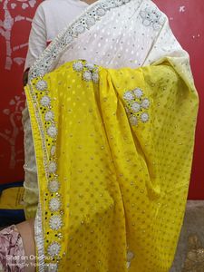 Pretty Yellow Cream Contrast Saree With Stone