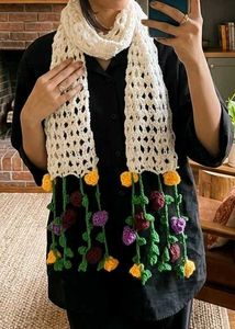 Handmade Crochet Scarf with Flowers