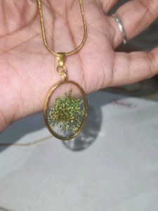 Gold Tone Resin Necklace with Dried Flower Pendant